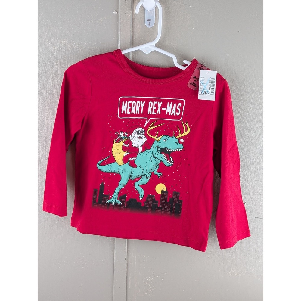 Childrens Place Boys Red Merry Rex-Mas Santa Dinosaur Long Sleeve Tee 18-24M NWT